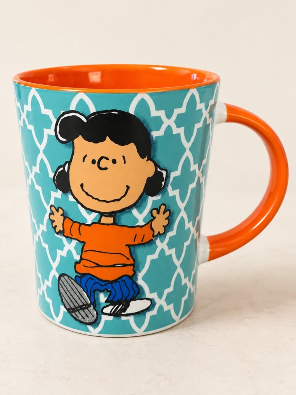 Vintage Lucy Van Pelt Peanuts Gang Gibson 15 Oz Coffee Mug Aqua Orange New